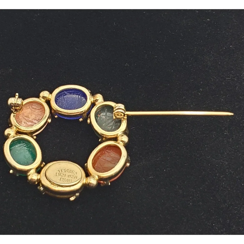 Egyptian Revival Circle Scarab Brooch Cassell 1/20 12KT Gold Filled Carved Pin‎